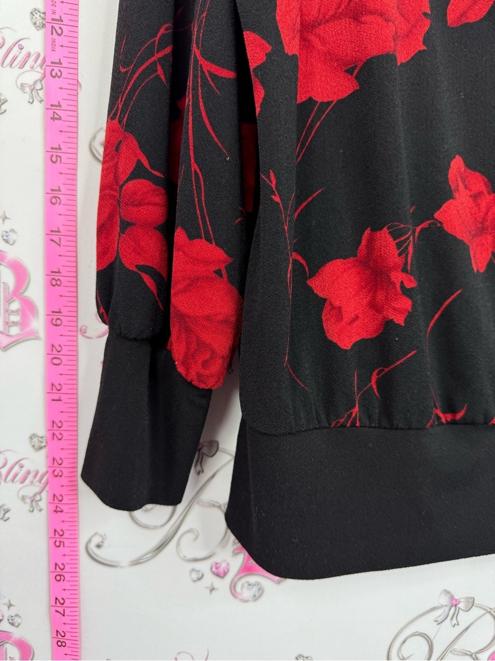 Laura blouse Women's Black Crew Neck Sweater with Red Floral Print - Picture 3 of 7